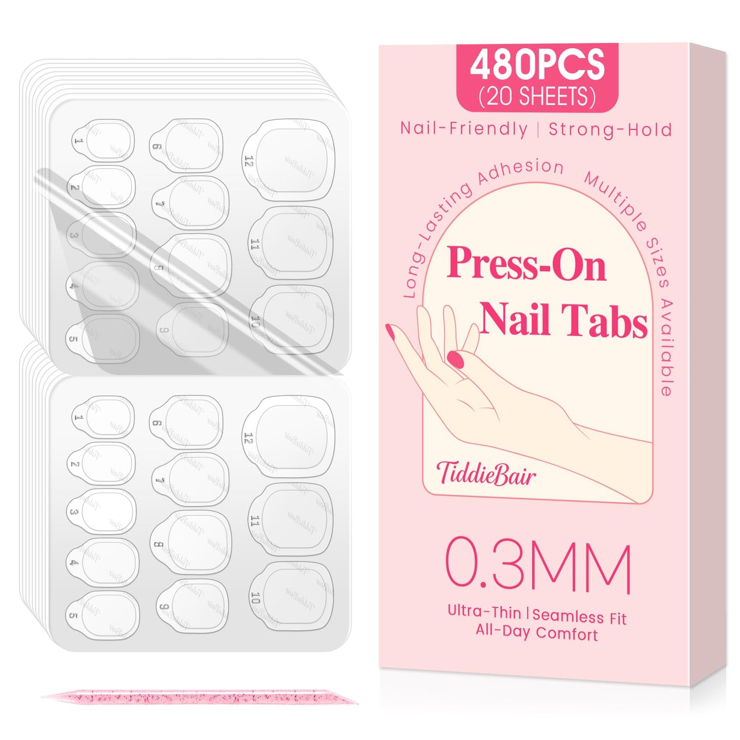 480pcs Strong Hold Nail Adhesive Tabs for Press On Nails –20 Sheets 480pcs 12 Sizes, 0.3mm Ultra Thin Waterproof Breathable Nail Glue Stickers, Daily Wear and Gentle Removal