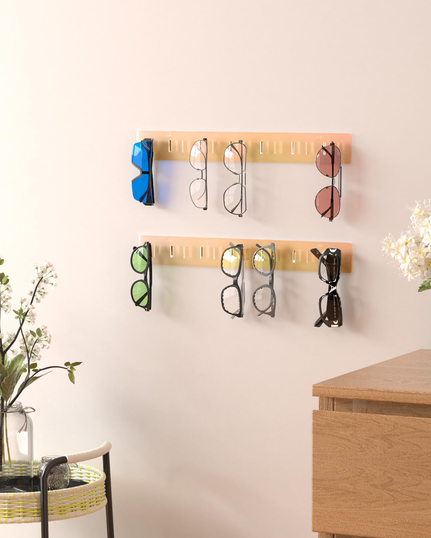 MaxGear Sunglasses Organizer Wall Mount, 2-Pack Acrylic Eyewear Display Holder with 14 Slots, Sunglasses Storage, Includes Adhesive Tape & Screws, Wall Mounted Shelf for Closet, Cabinet, Iridescent