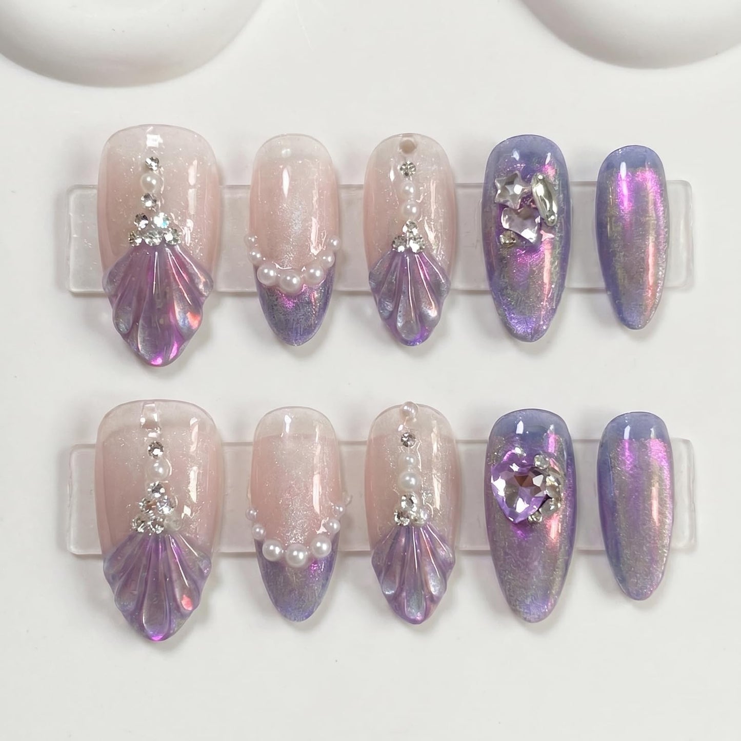 IMRAIN Almond Press on Nails, Medium Fake Nails, Purple Cat Eye 3D Mermaid Tail Pearl Heart, 30Pcs Reusable Glue on Nails for Women, Salon Quality