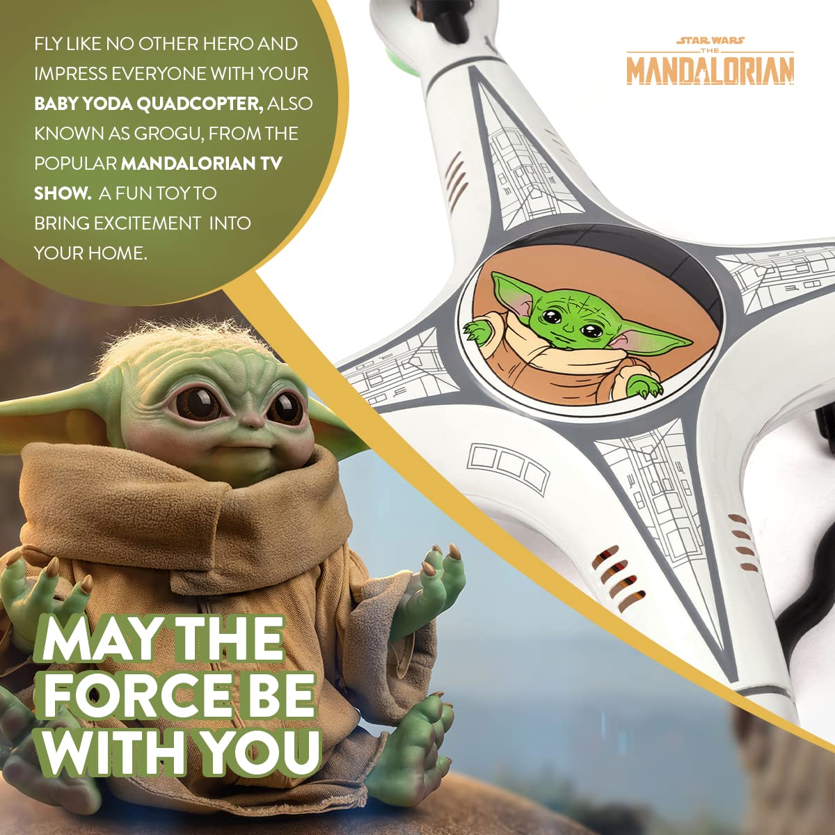 Star Wars The Mandalorian Grogu Baby Yoda RC Quadcopter Drone - 2.4GHz 4.5CH Remote Control Flying Drone with Flip Stunt Modes, Built-In Gyro and USB Charging - Kids 6+