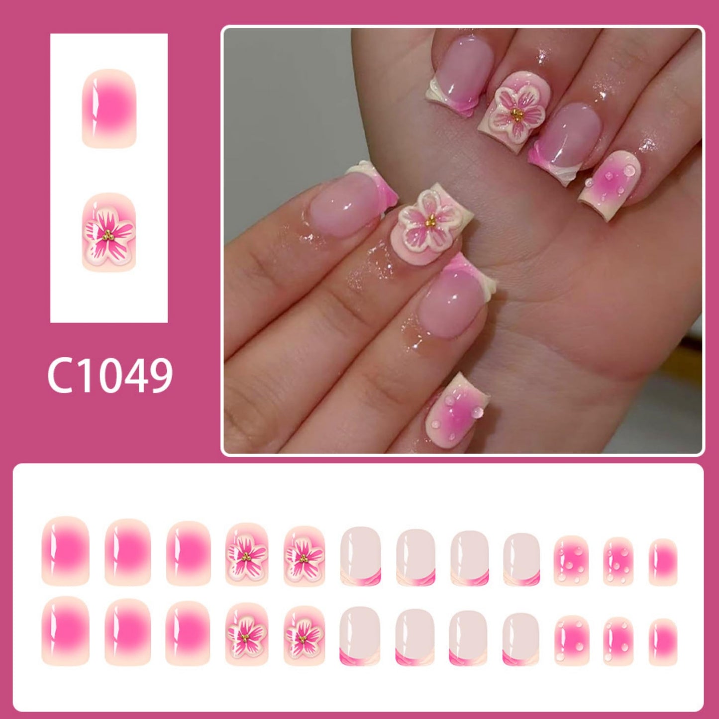 Short Press on Nails Square Fake Nails Pink Acrylic Nail Press Ons Seeneey 3D Flowers Designs Cute Stick on Nail for Women 24pcs