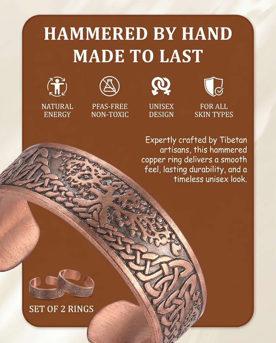Fashtour 100% Pure Copper Rings for Women & Men (Two-Pack) — Solid Raw Copper — Uncoated Handmade Adjustable Open-End Tibetan Style Rings (Tree of Life)