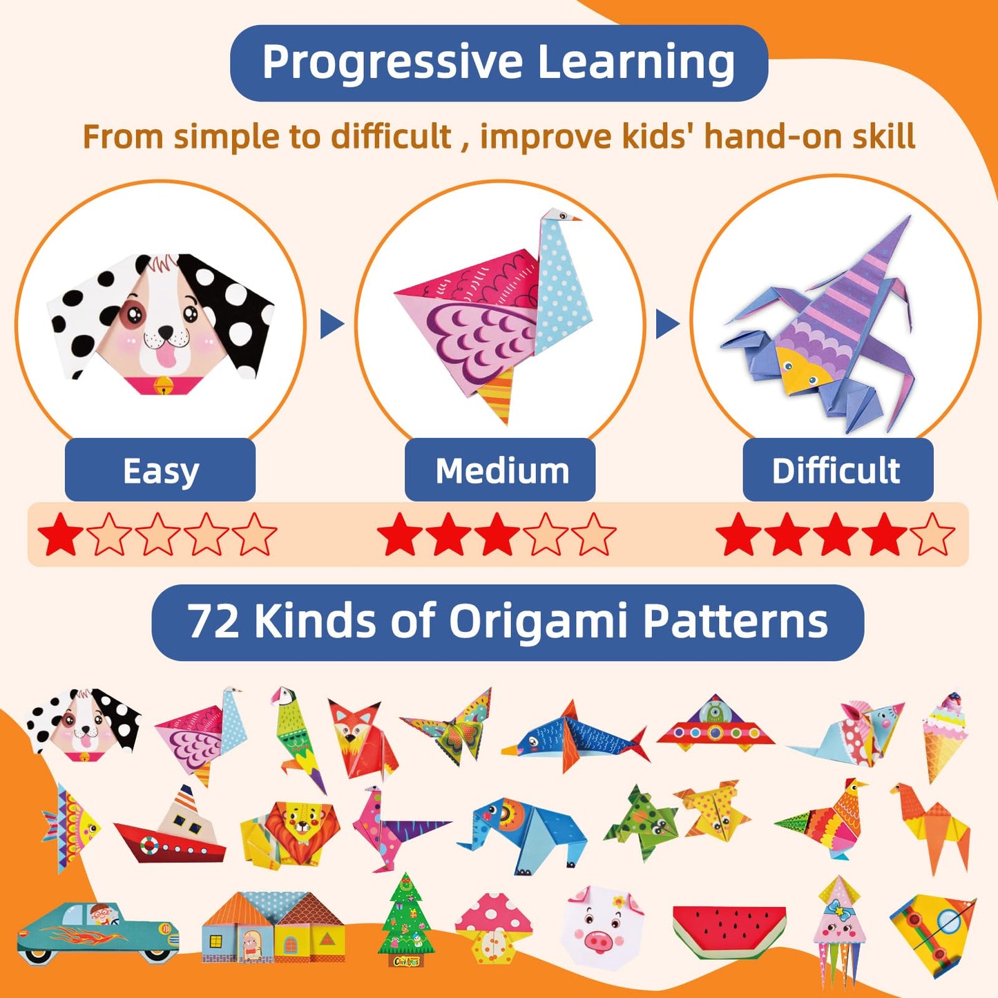 DoodleDoo Origami Paper Kit for Kids Ages 5-8 8-12,152 Sheets Origami Paper - 72 Double Sided Patterns with Instructional Book,DIY Art Craft Projects,Travel Game Activity,Gift for Boys Girls Beginners