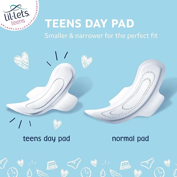 Lil-Lets Teens Day Pads with Wings - 70 Count Period Pads - Thin, Super Absorbent Sanitary Napkins, Soft & Breathable, Fragrance-Free - First Periods, Light to Medium Days