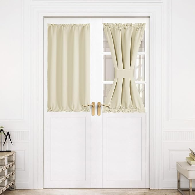 NICETOWN French Door Curtain for Door Window, Rod Pocket Thermal Short Curtain for Glass Patio Kitchen Window, 30 X 40 Inches Long, 1 Panel with Tieback, Light Beige
