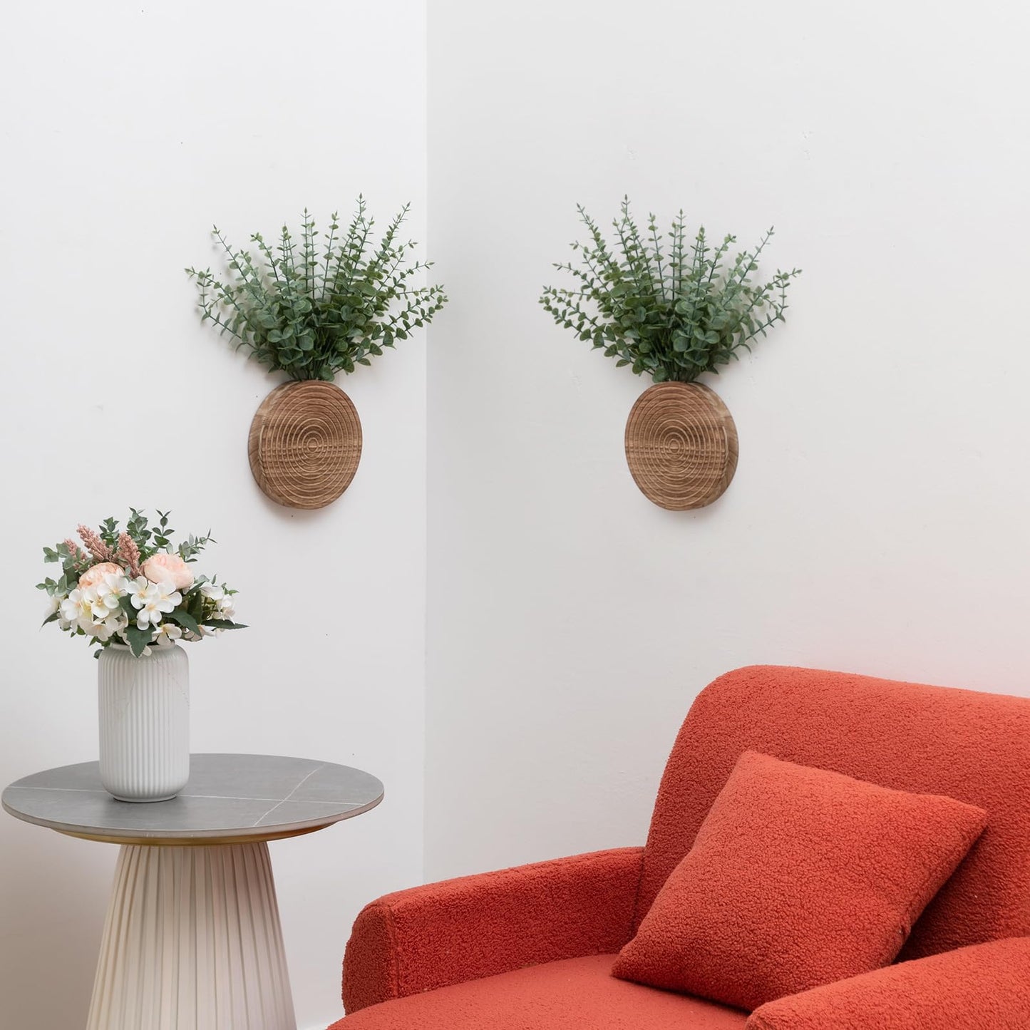 Teecyhooo 2 Pack Wooden Round Wall Vase for Indoor Plants Boho Modern Farmhouse Wall Decoration for Living Room, Bathroom Entryway, Hallway Artificial Flower Plants