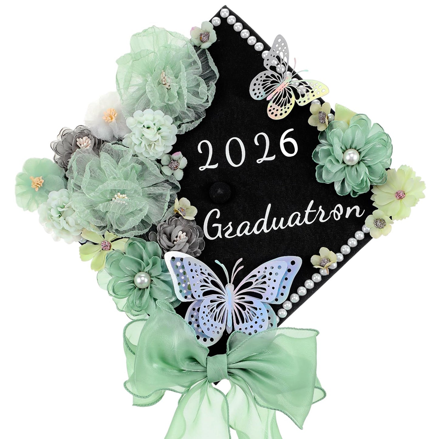 Solsew 35 Pcs DIY Graduation Cap Decorations Accessory Kit, 3D Artificial Flowers, Butterfly & Alphabet Letter Stickers, Pearl Stickers, Bowknot for Grad Hats Decor(Green)