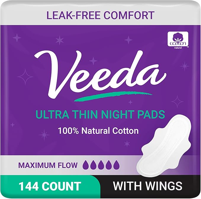Veeda Natural Cotton Night Pads for Women - Overnight Heavy Flow Absorbent Ultra-Thin Feminine Pad - Hypoallergenic Period Pads with Wings - Unscented & Chlorine Free Sanitary Napkins - 144 Count