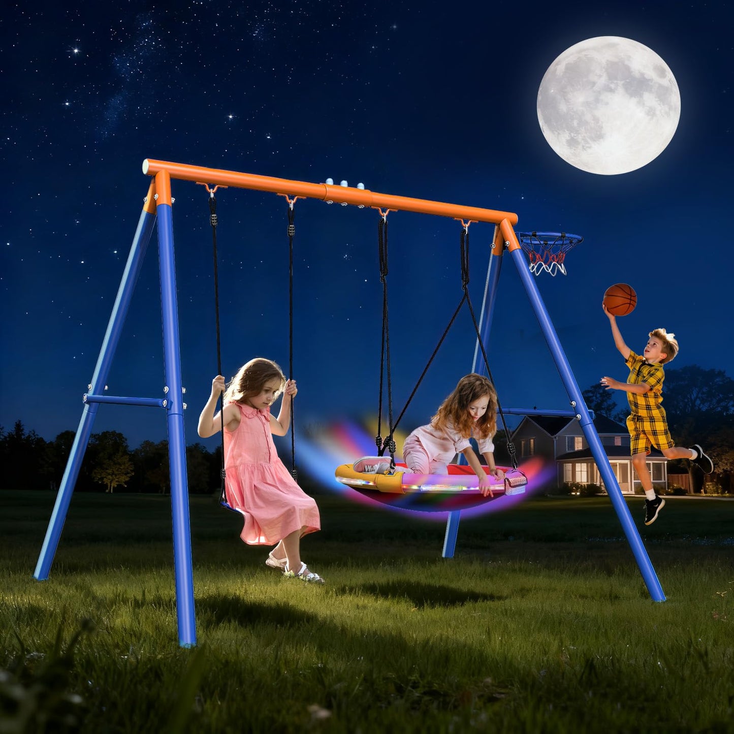 Royalove Swing Set 3-in-1 with Flying Disc Swing for Backyard, Heavy Duty 440lbs Playground Sets for Backyards Swing Set for Kids and Toddlers Age 3-8