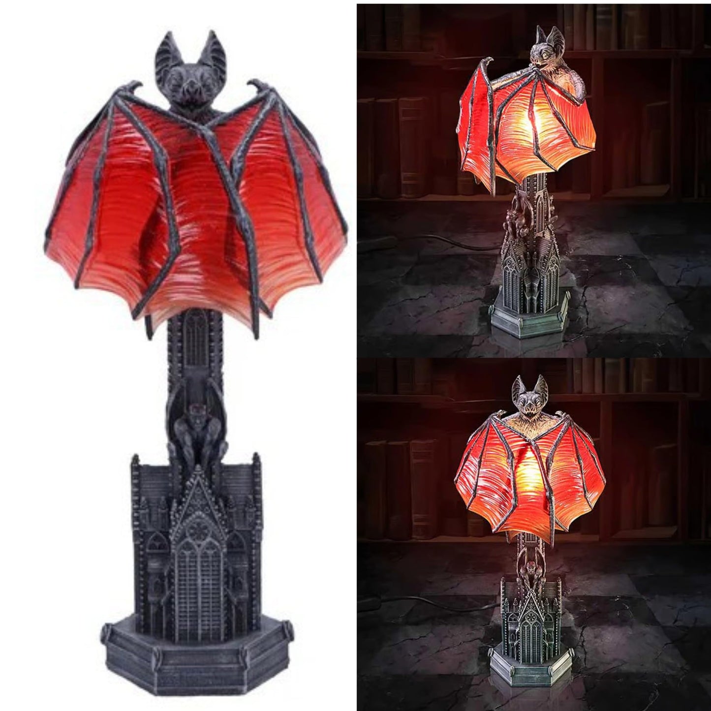 Gothic Wings of Night Halloween Lamp, Gothic Wings of Night Halloween Light with Red Glow, Handcrafted Resin, Cathedral Base Vampire Table Lamp for Spooky Horror Room or Witchy Nights Setting