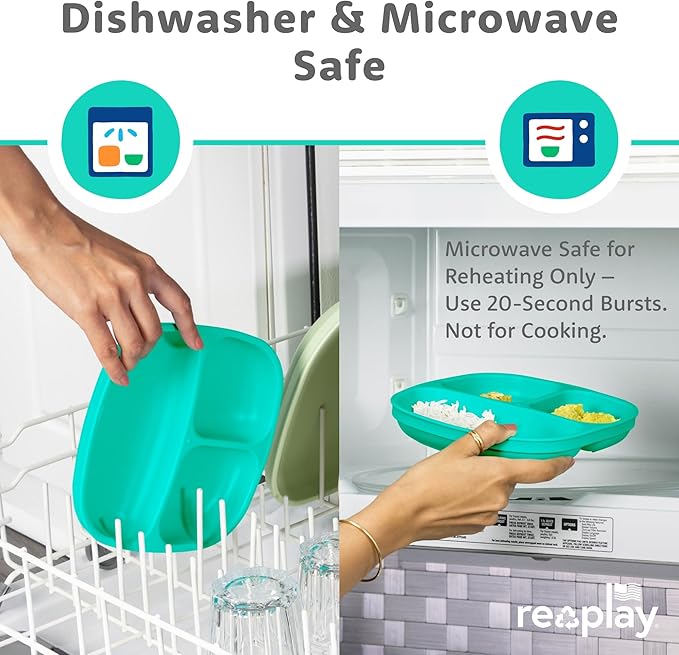 Re-Play Toddler Plates with Dividers - Deep-Walled 3 Compartments Divided Plates for Kids with 3 Lids - Dishwasher & Microwave Safe - Made in USA - Set of 3-7.37" x 7.37" x 1.25" - A True Blue