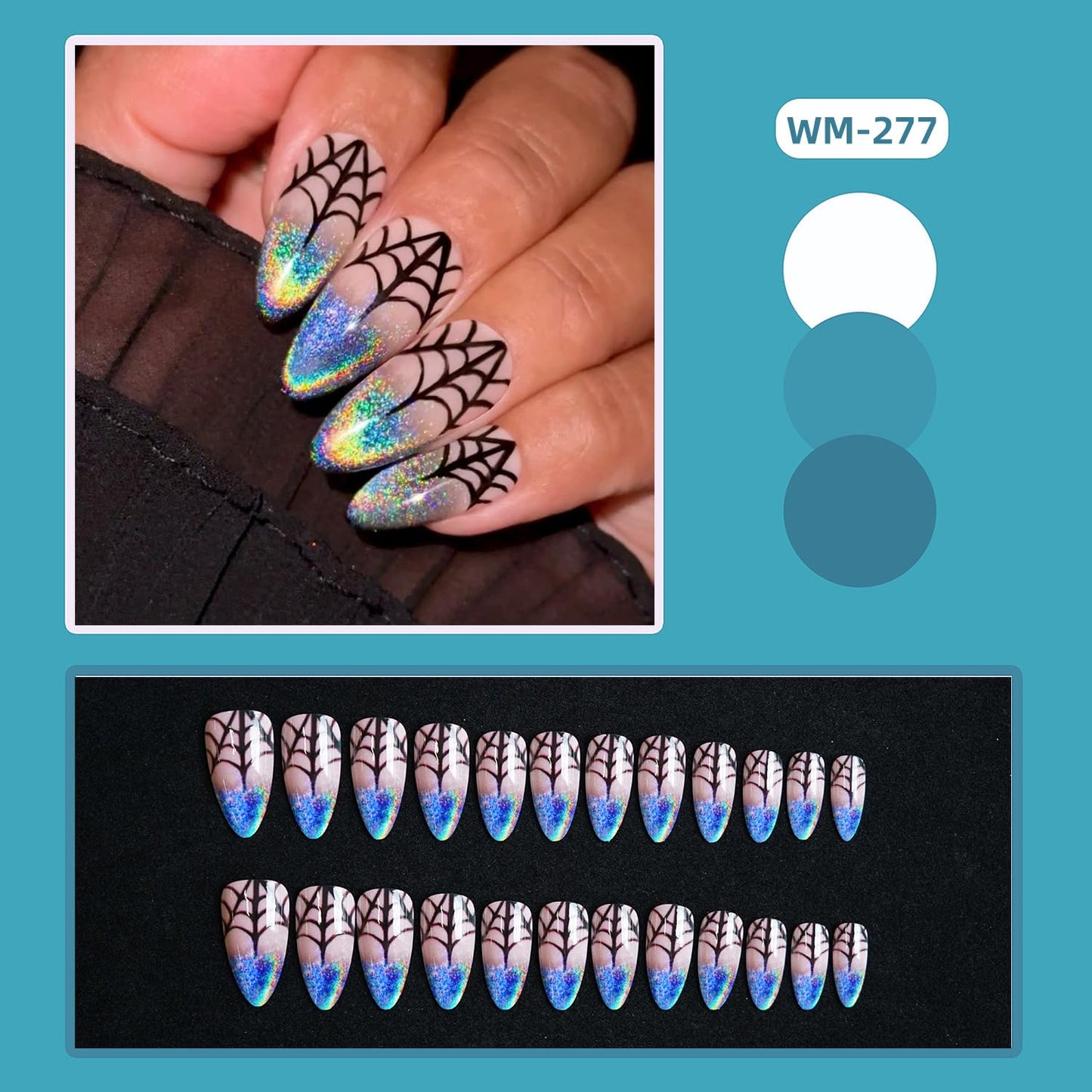 CJDLTS Halloween Press on Nails Medium Almond Black Spider Web Pattern Design Halloween Nail Full Cover Glossy Artificial Acrylic False Nail Laser French Tip Festival Stick on Nails for Women 24Pcs