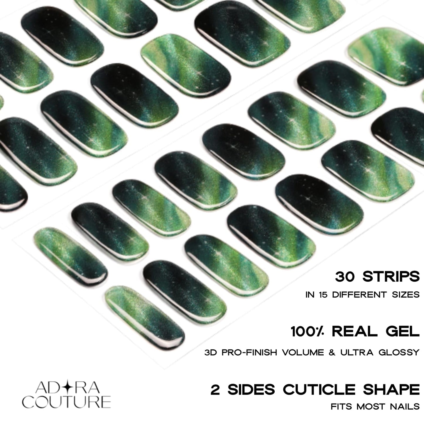 Adora Couture Semi-Cured Gel Nail Strips - 30 Salon-Quality Stickers with UV Light Required, Long Lasting, Easy Application & Removal, Includes Prep Pads, Nail File, Wooden Stick (Green Velvet)