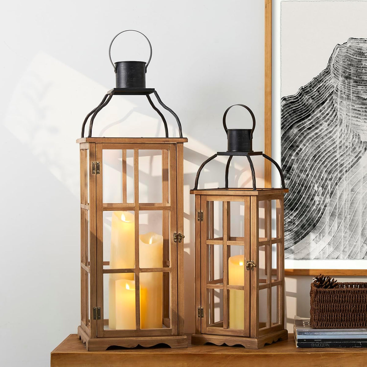 Glitzhome Set of 2 Oversized Farmhouse Wood Lanterns with Metal Top Decorative Hanging Candle Lanterns for Home Décor, Natural (No Glass)