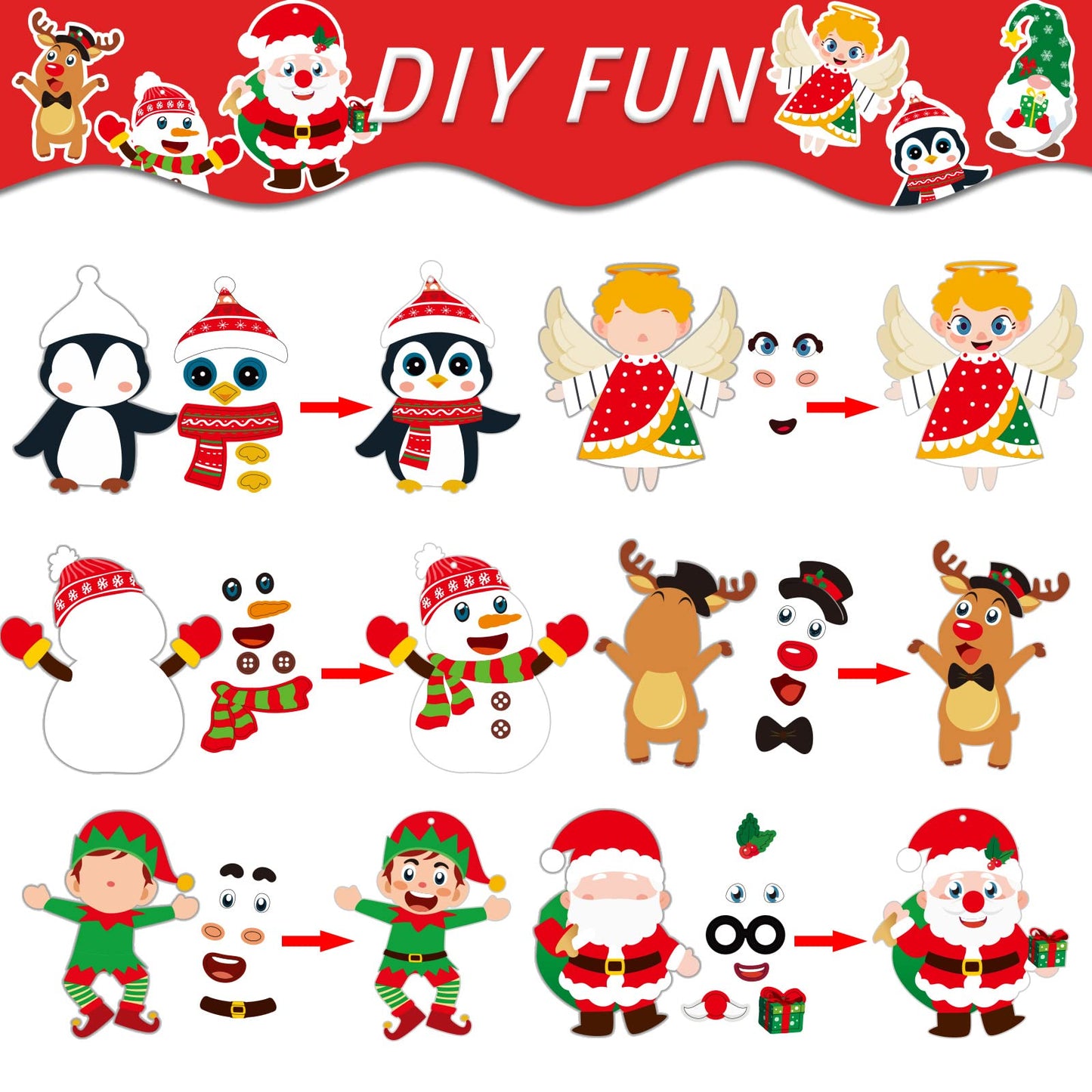 chiazllta 384 Pcs Christmas Craft Kits Christmas DIY Sticker Game Craft Ornament Make Your Own Reindeer Santa Snowman Elf Art Craft Projects for Home Activities, 48 Sets in Total