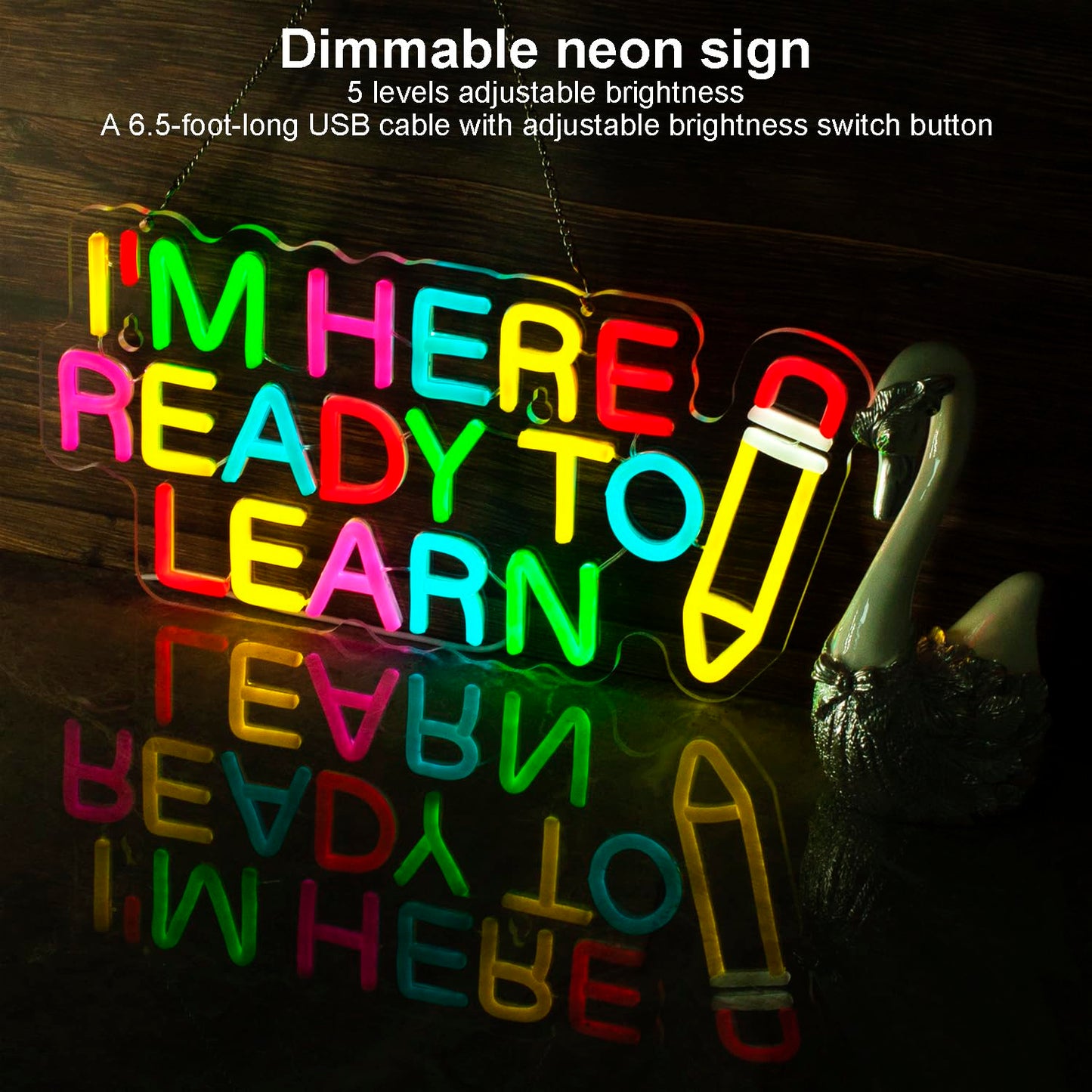 Ready To Learn and Pencil Neon Signs for Wall Decor, LED Neon light, Dimmable USB Powered, for Clarssroom Home Bedroom Man Cave,Gift for Boys,16.8 * 8.1 Inch