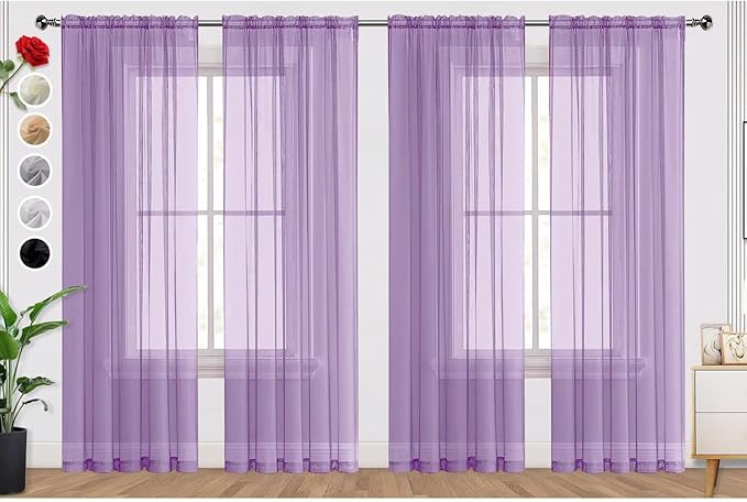 SpaceDresser Lavender Sheer Curtains 4 Panels Rod Pocket Semi-Sheer Curtain 96 Inches Long Light Filtering Voile Window Drapes for Bedroom Living Room Kitchen, Each 52W x 96L