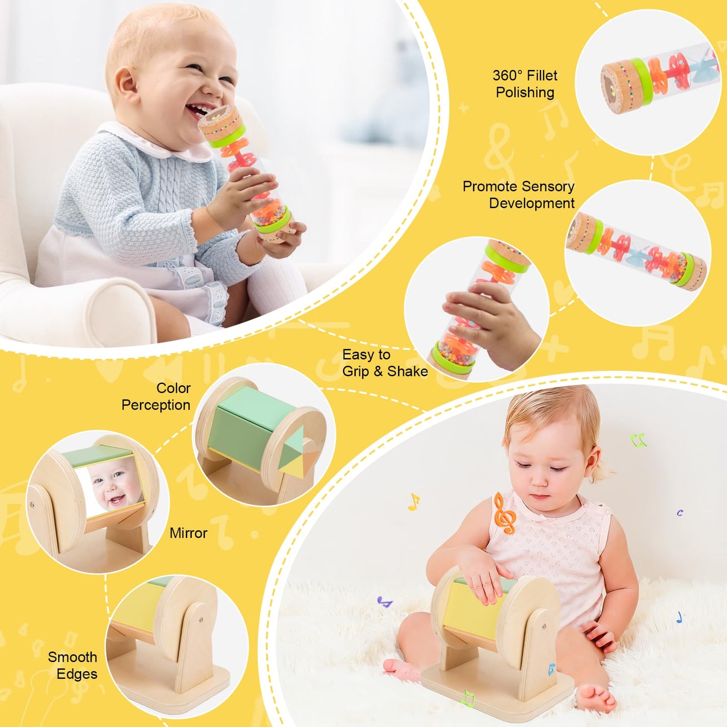 Adena Montessori Play Kit for 0-6 Month Baby,8 in 1 Learning Kit Includ Black&White Card,Rainmake Rattle,Sensory Ball,Tummy Time Wobbler,Tissue Box,Tissue,Rainbow Ball,Rainbow Drum