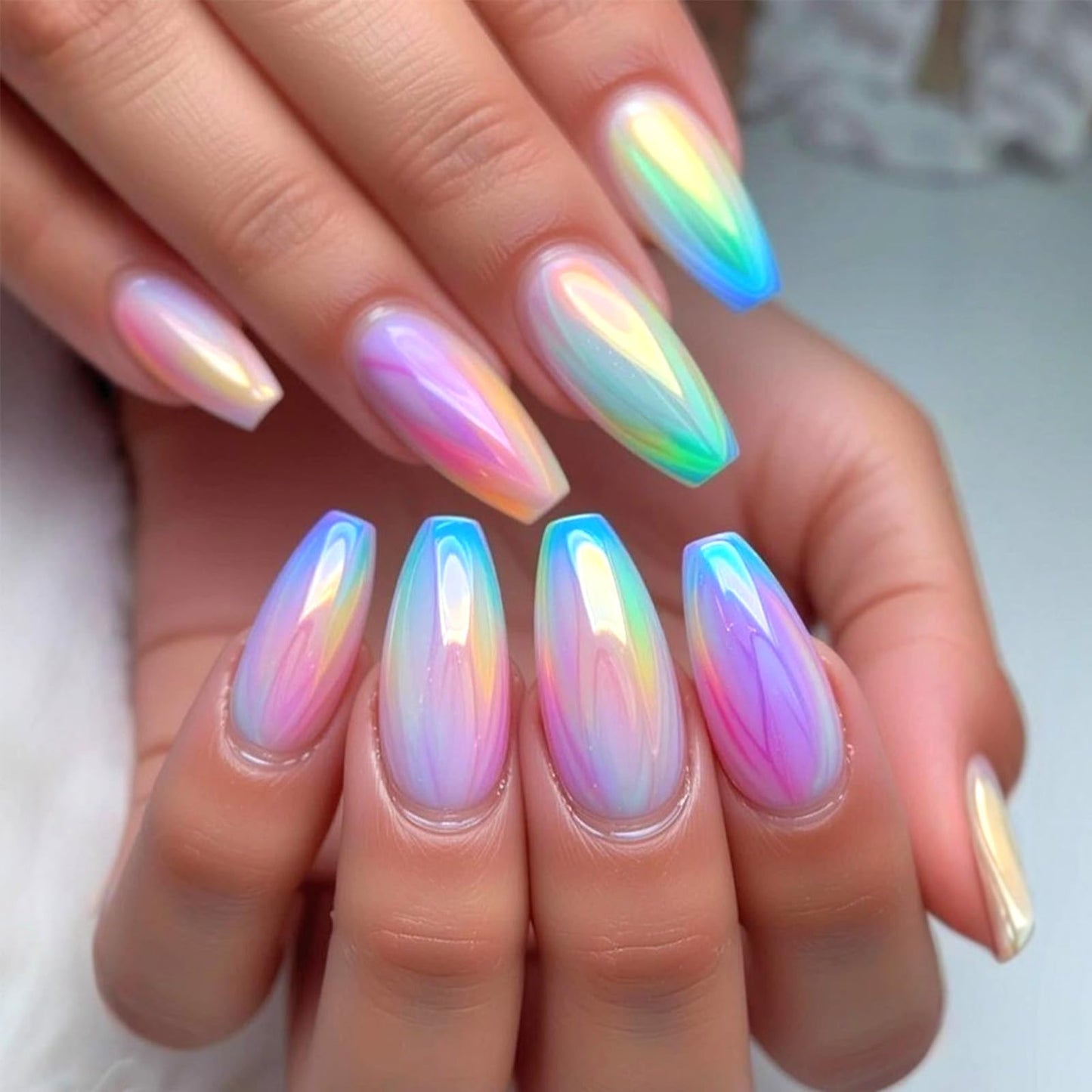 Chrome Press on Nails Medium Coffin Fake Nails Dreamy Rainbow Aurora False Nails Laser Glossy Full Cover Stick on Nail Reusable Artificial Glue on Nails for Women Manicure 24Pcs