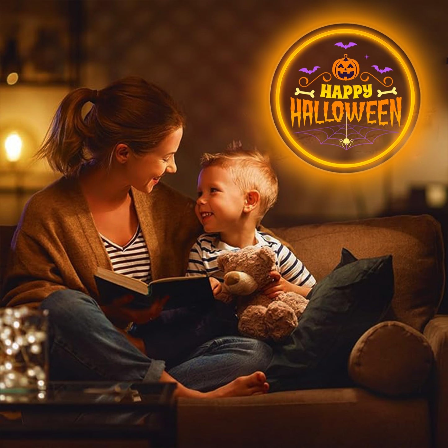 Happy Halloween Neon Sign, Round Pumpkin LED Wall Light with Spider Web and Bats, Halloween Party Wall Decor, Adjustable Brightness Neon Lamp with Mounting Kit 11.6" × 11.6"