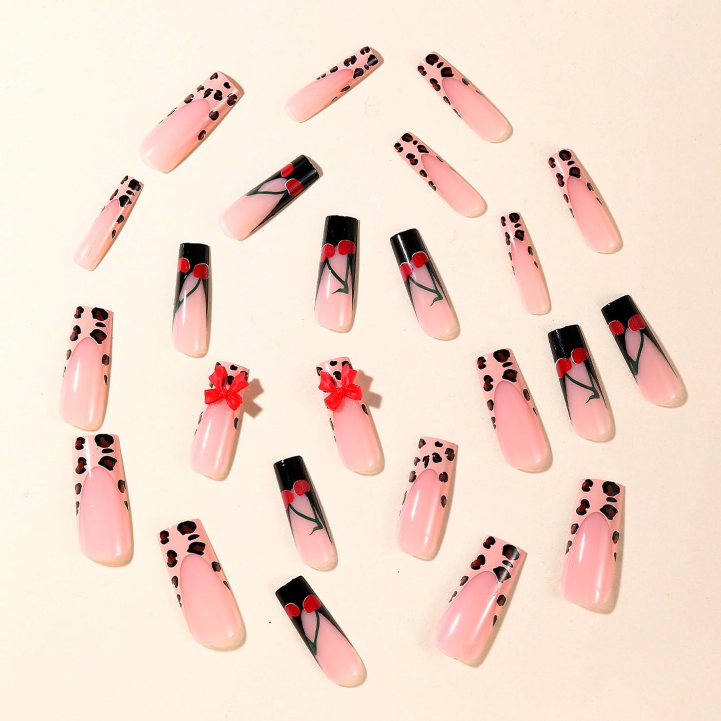 IMRAIN Long Press on Nails Square Fake Nails Black French False Tip with Bow & Cherry Design Leopard Print Glossy Artificial Acrylic Nails for Women Manicure 24Pcs