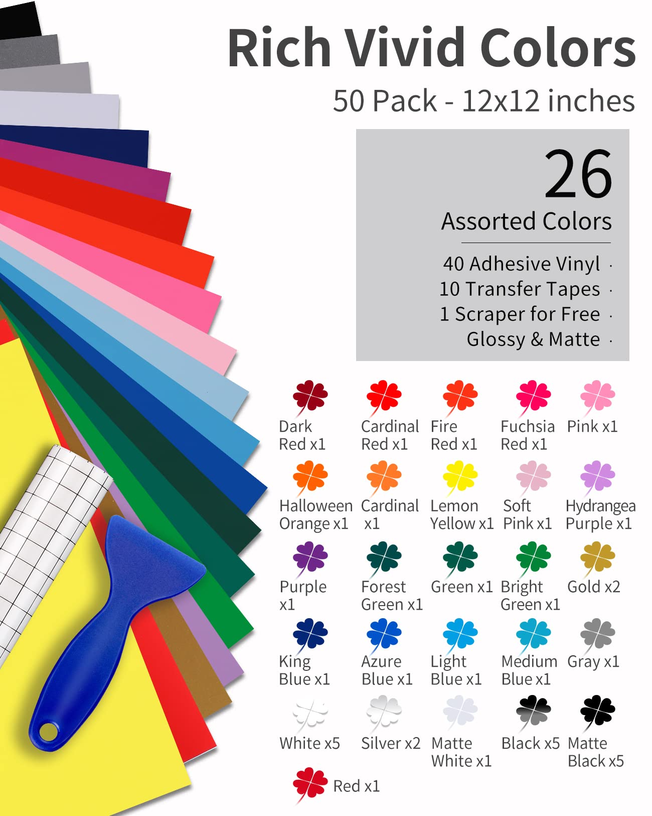 Permanent Vinyl (50Pack, 12"x12") - 40 Adhesive Vinyl (Matte & Glossy) + 10 Transfer Tapes 1 Scraper, Waterproof Outdoor for All Cutting Machine, Perfect for Home Party Decor