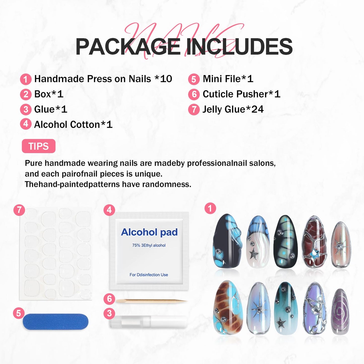 Gradient Press on Nails Handmade Press on Nails Punk Rock Gothic Cool Designs Stars Fake Nails Full Cover French False Nails Medium Almond 3D Silver Steel Ball False Nails for Women (Size S)
