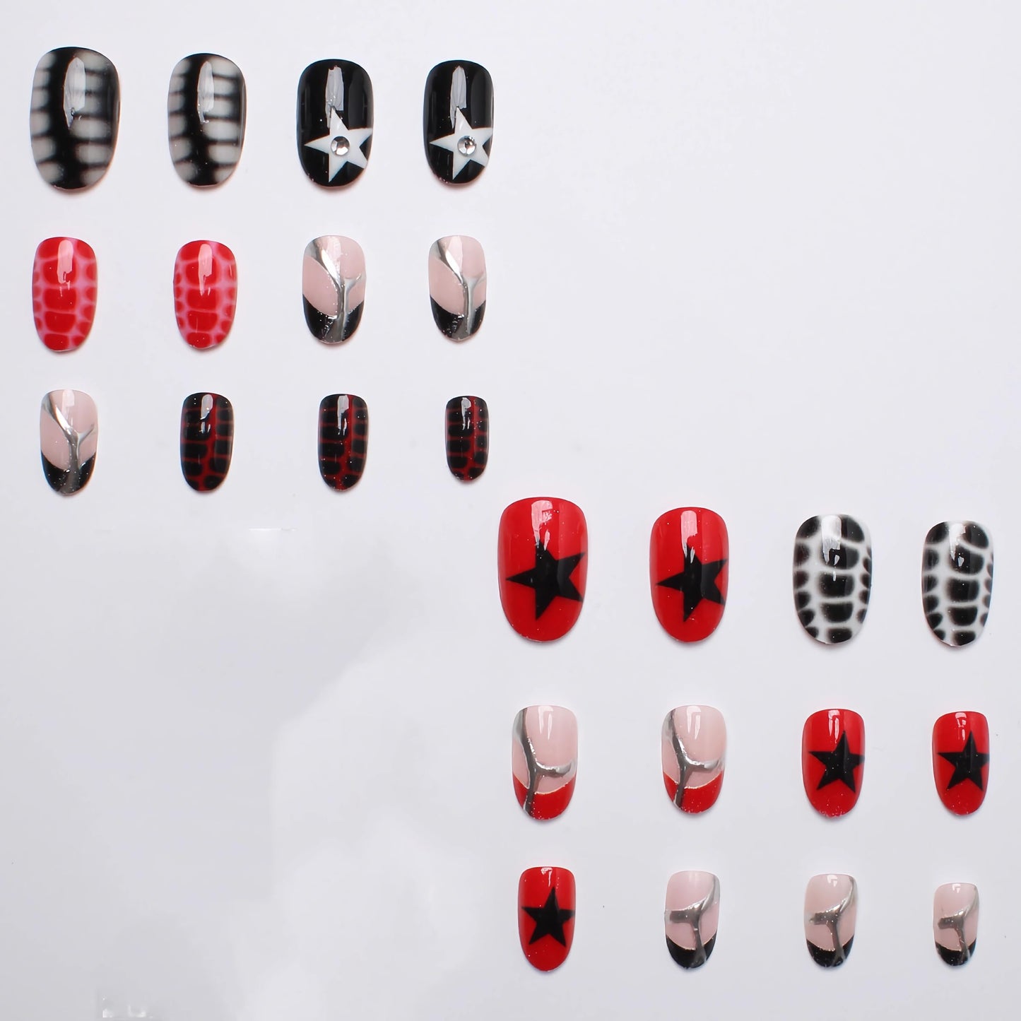 BABALAL Goth Press on Short Artificial Nails 24pcs Acrylic French Tip, Black Red, Y2k Star, Silver Chrome, 24Pcs Glossy Full Cover Oval False Nails for Women Girls