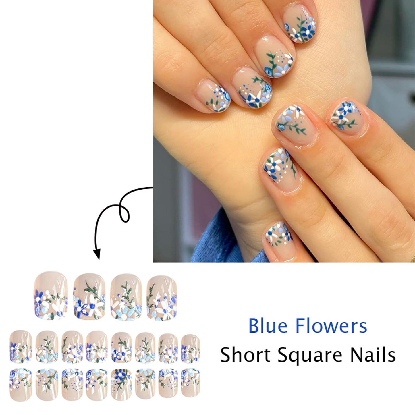Square Press On Nails Short Fake Nails Acrylic Nails Press Ons Full Cover Glue On Nails Artificial Glossy False Nails With Blue Flower Designs Reusable Stick On Nails For Women 24pcs