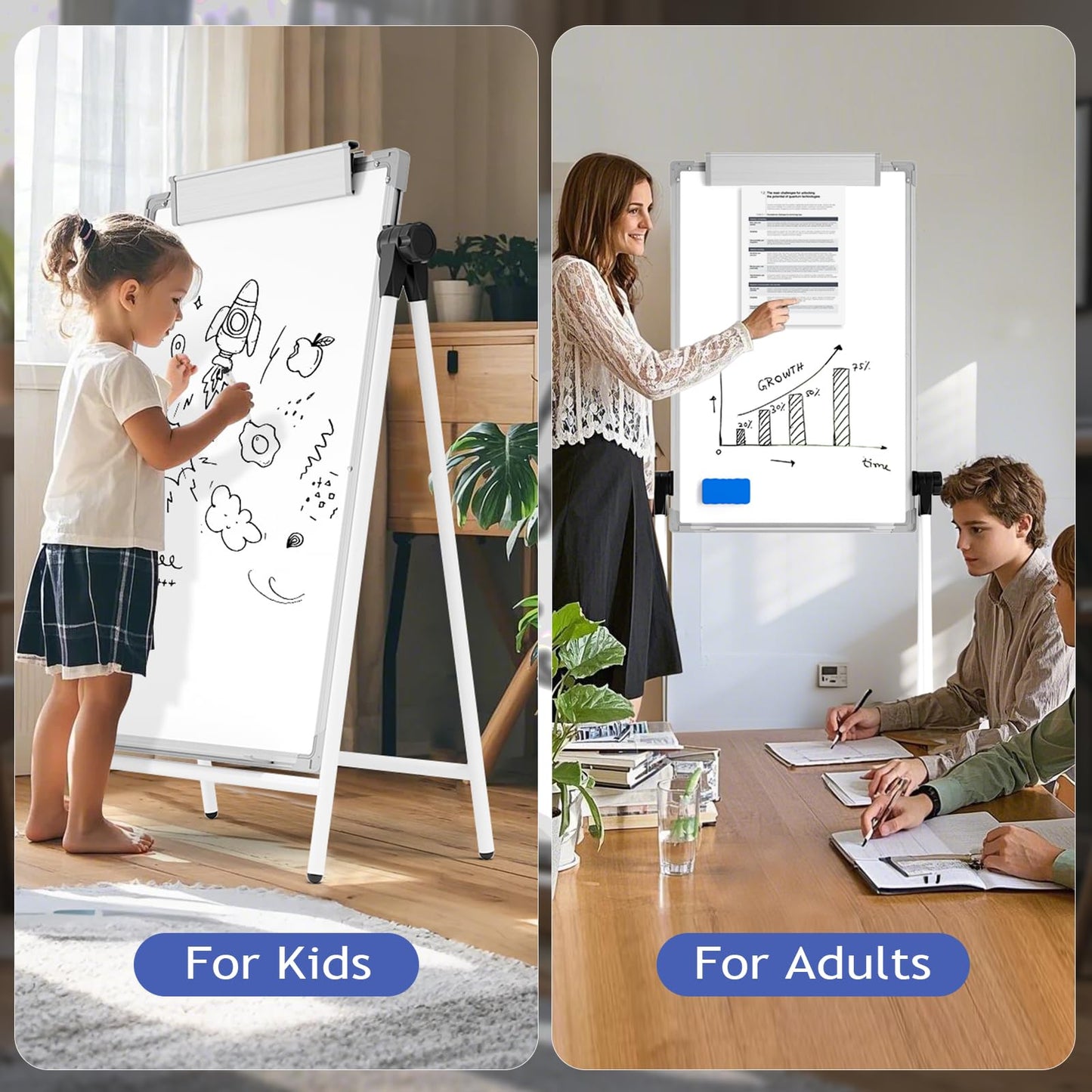 Lumspax Large Double Sided White Board with Stands, 36" x 24" A-Stand Dry Erase Easel, Portable Flip Chart Easel with Height Adjustable Design for Home, School, Office
