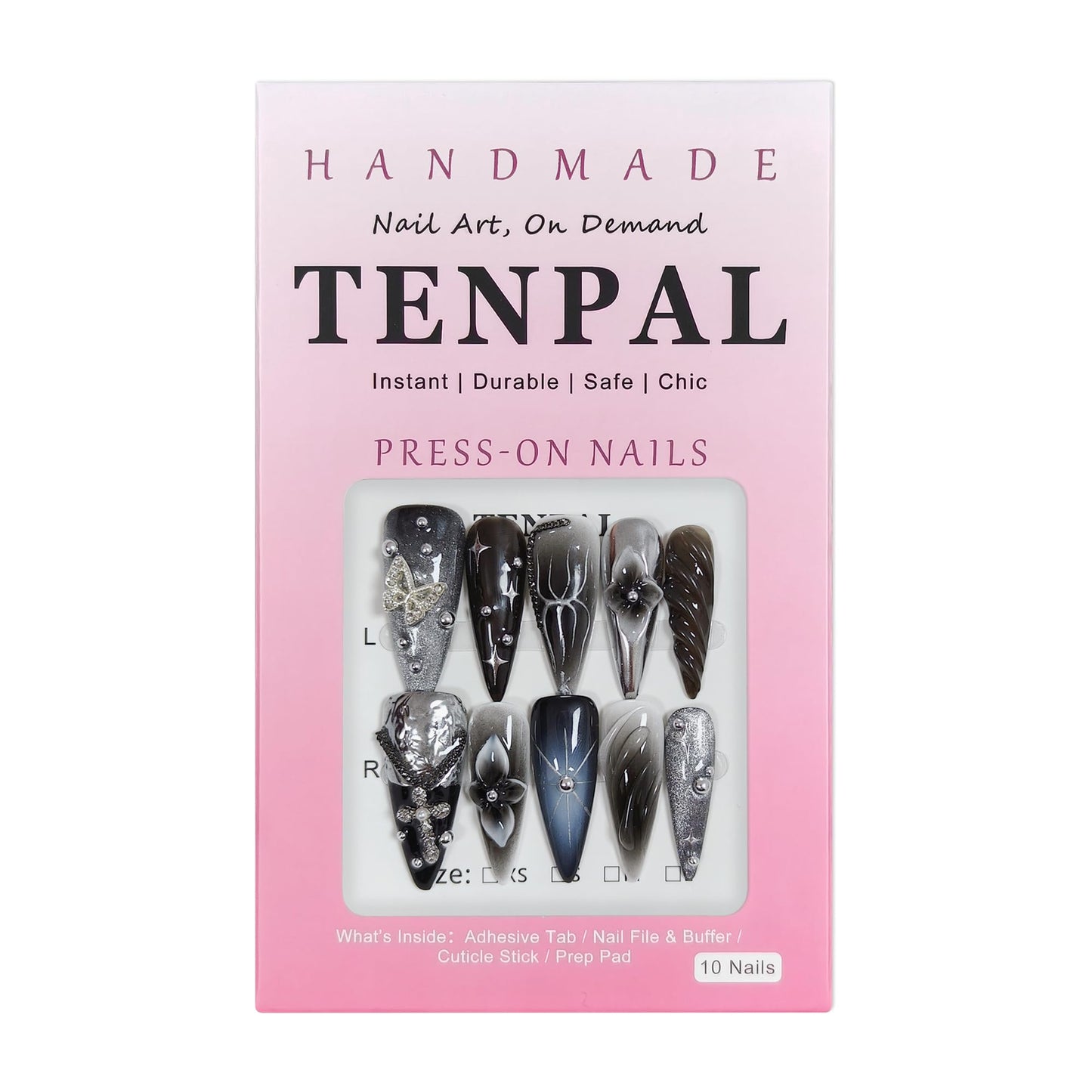 TENPAL Handmade Press on Nails Long Stiletto - Gothic Cat Eye Blushing Ombre Fake Nails with 3D Chain Design | Ultra Thin Flexible False Nails with Tools| Dark Stiletto Y2K Nails For Women Girls(L)