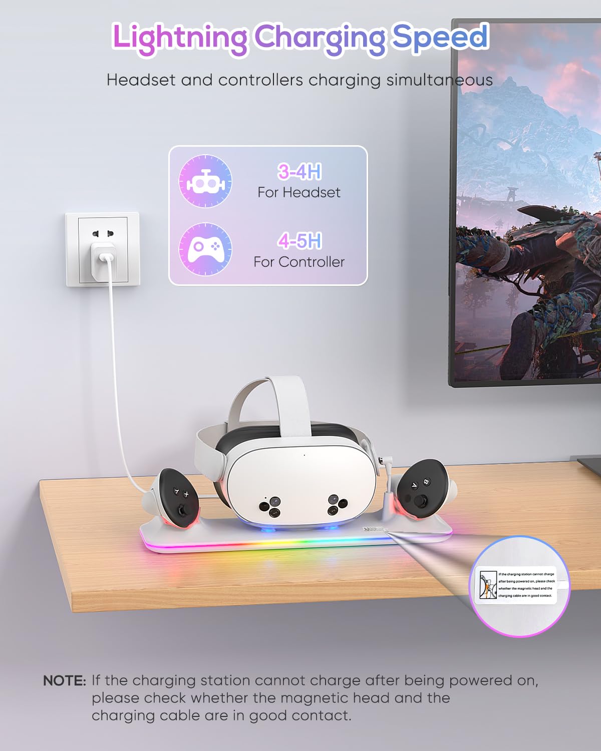 Charging Dock for Meta Quest 3S/3, Kinwin Magnetic Charging Station for Oculus Quest 3S/3 Accessories with RGB Light, Charging Stand for VR Headset & Controller with 2 Rechargeable Batteries (White)
