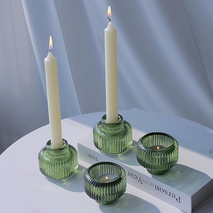 Woho Candlestick Holders Set of 4 for Taper Candles/Tea Lights, Green Ribbed Candle Sticks Holder Decor for Table Centerpiece, Reversible Taper Candle Holders Glass for Christmas Home Decoration