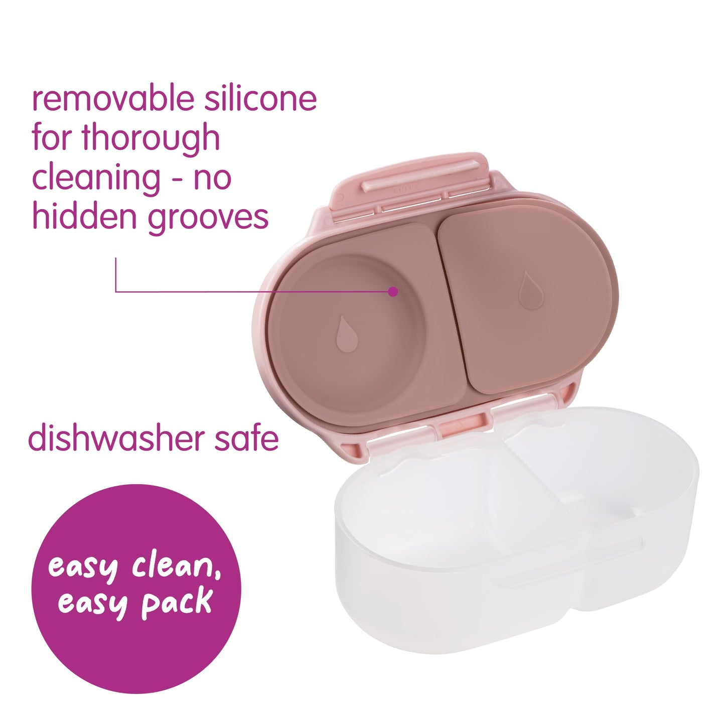 b.box Snack Box - Leakproof Mini Bento Box for Kids & Toddlers, 2 Compartment Snack Containers for Kids, Lunch Containers, Dishwasher Safe, BPA Free, PFAS Free, Ages 4m+, 1 3/4 Cup - Blush Crush