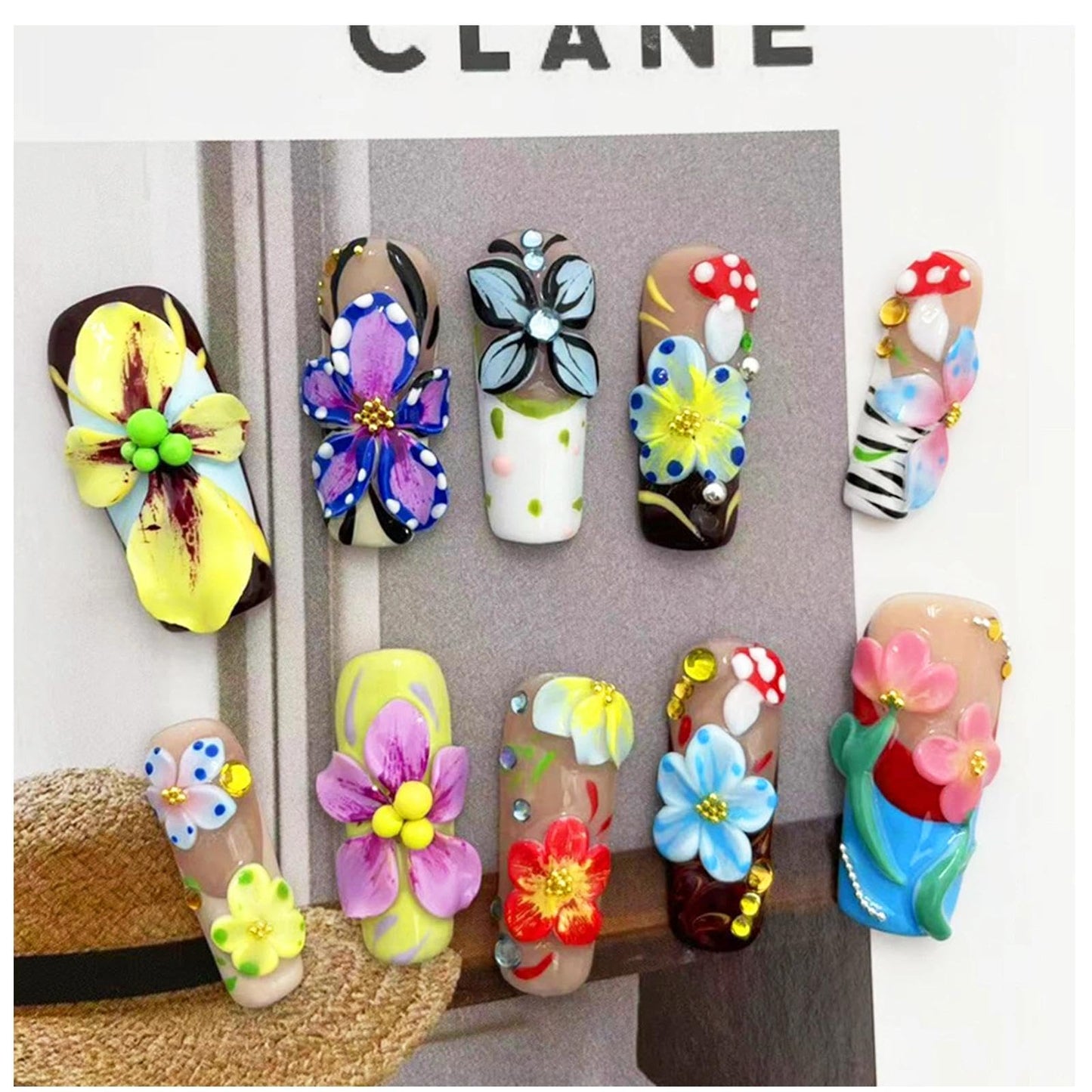 Handmade 3D Floral Art Colorful Square Press On Nails, Sweet Rhinestone Artisan Nails Set, Reusable Glossy Press-ons with Tool Kit(S)