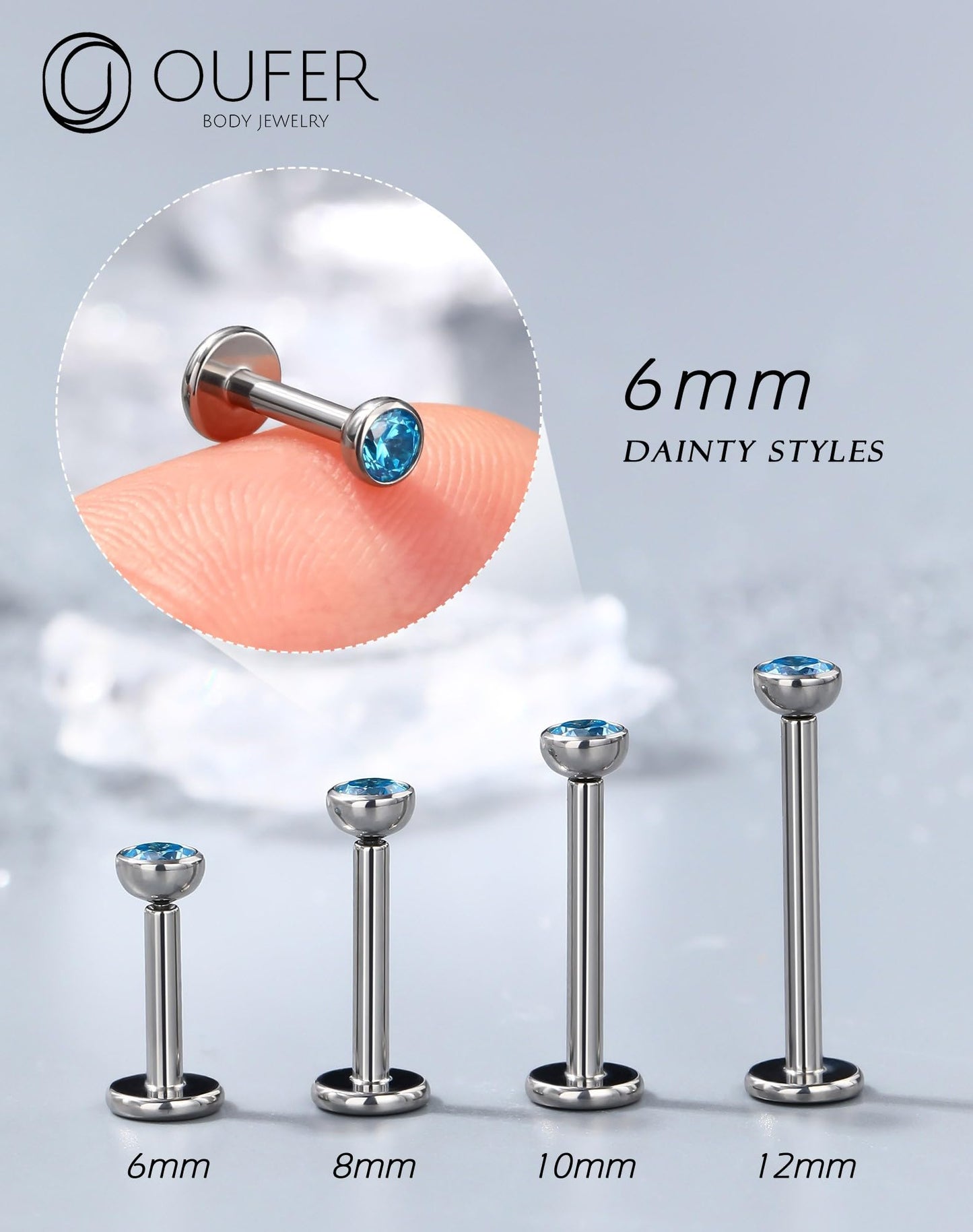 OUFER Titanium Threadless Labret Stud 16G for Conch, Helix, Tragus, Medusa – 6mm Push-in Flat Back Piercing Jewelry with 3mm CZ, Skin-Friendly Design