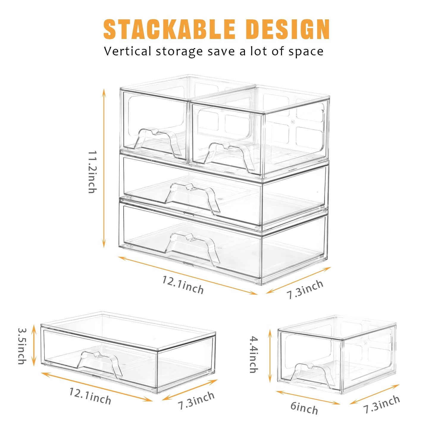 Stebopum 4 Pack Stackable Storage Drawers Clear Acrylic Organizer Bathroom Makeup Organizer and Storage for Beauty Supplies,Ideal for Vanity, Bathroom,Cabinet,Pantry Organization