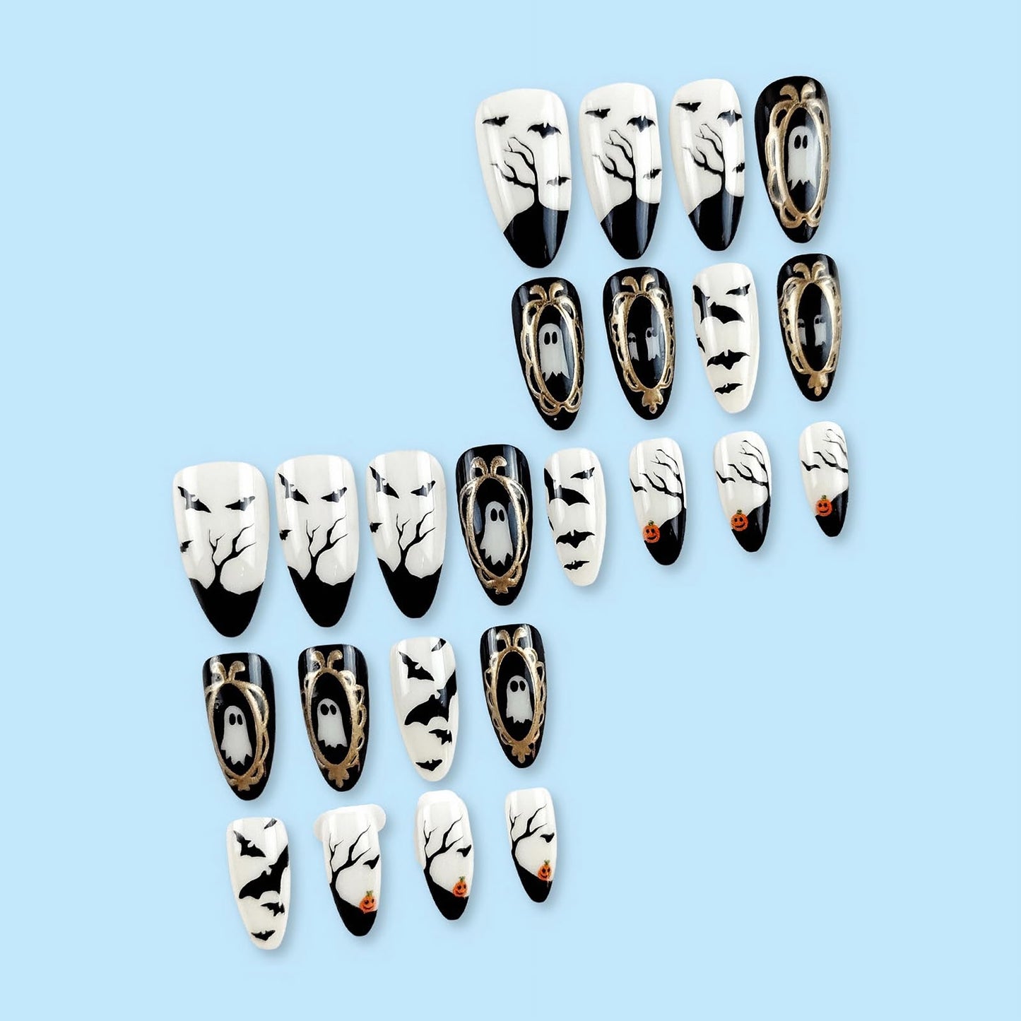 MISUD Press on Nails - Medium Almond Glue on Nails with Goth Bat, Acrylic Gothic Ghost Design 24 pcs