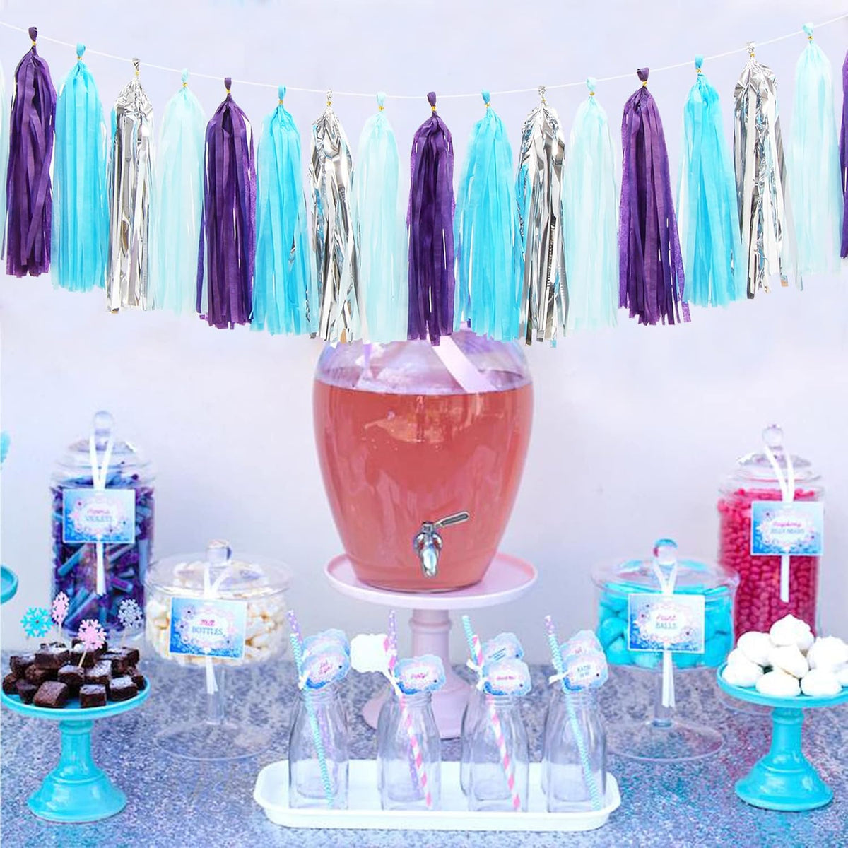 Purple-Blue Silver Frozen Party-Decorations Tassel-Garland -20pcs Winter Girl Birthday New Year Christmas Tassels Banner Streamers Wonderland Mermaid Baby Shower Wedding Supplies Party Decor Panduola