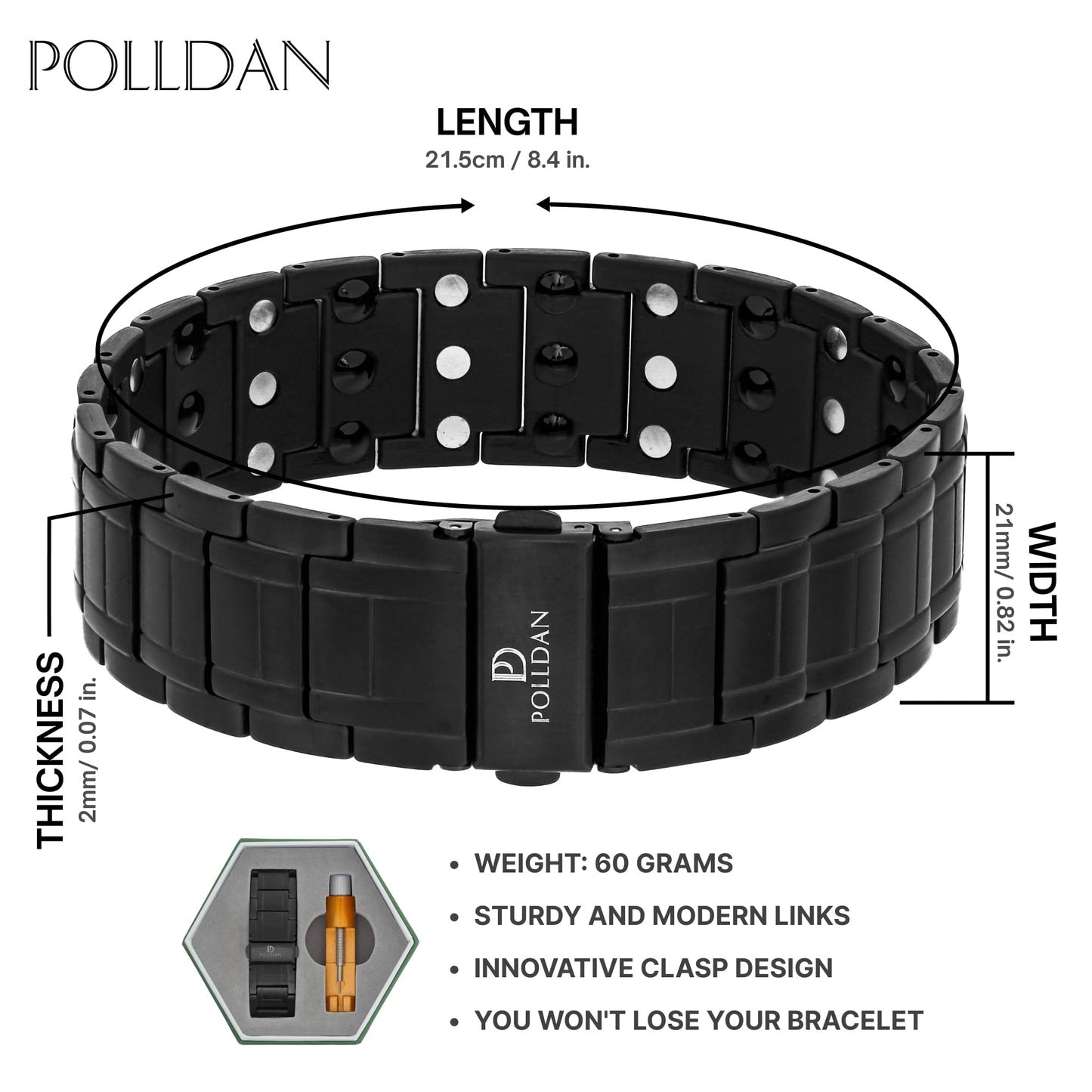 POLLDAN® Mens Magnetic Bracelet with 6200 Gauss Power | 3X Strength Mens Bracelet | Titanium Bracelets for Men with Fold-Over Clasp, Adjustable Length, Gift Box | Mens Wrist Jewelry (Black)
