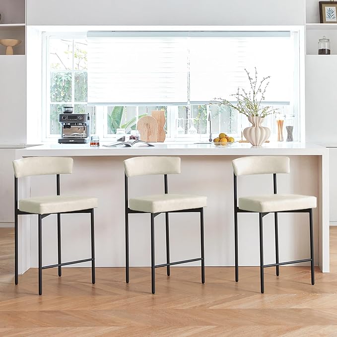 Beige Modern Bar Stools Set of 3, 24 Inch Faux Leather Counter Stools with Curved Backrest, Counter Height Bar Stool for Kitchen Island