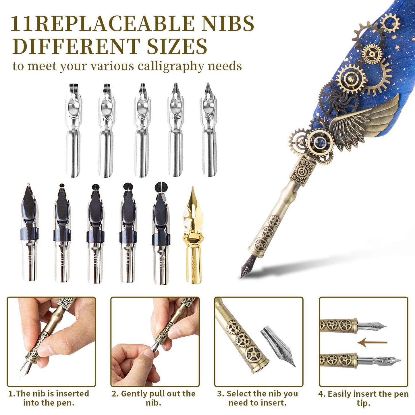 LongLongJin Calligraphy Pens and Ink Set - Calligraphy Kits for Beginners,Quill Pen Includes Dip Pen,8*Colors Ink,11*Calligraphy Pen Nibs（Blue）