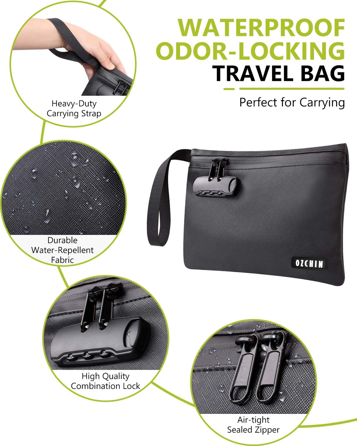 OZCHIN Smell Proof Bag with Combination Lock Certificate Organiser 10'' X 7'' Great Gift Sets Ideal Set PU Leather Lockable Travel Storage for Men Women, Classic, Daily Bag (Black Kit)