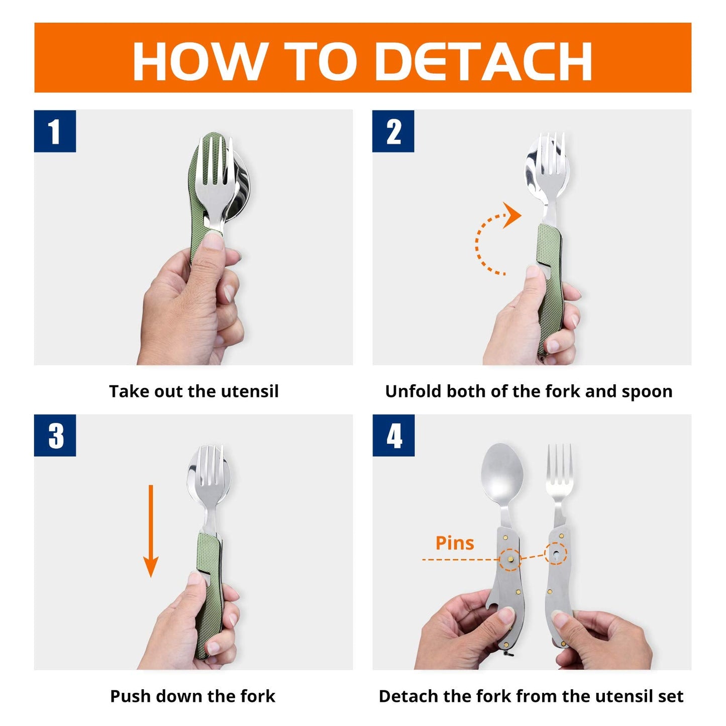 HIKENTURE Camping Utensils 2 Pack, 4-In-1 Stainless Steel Spoon Fork Knife Set Backpacking Travel Cutlery Metal Multitool Boy Scout(Green 2pack)