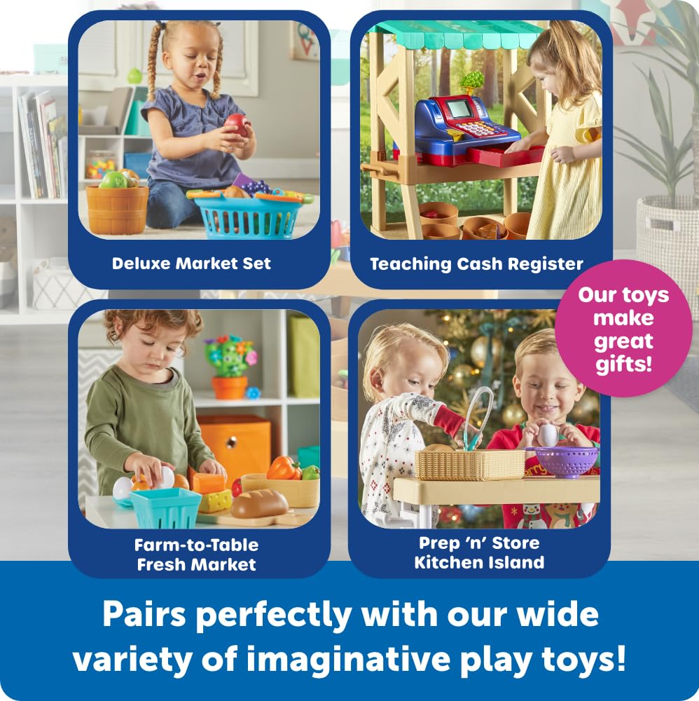 Learning Resources My First Farmstand - Farmers Market Stand Toy for Kids, Rolling Cart with Pretend Play Food, Fruit and Vegetable Baskets, Toddler & Preschool Grocery Shopping Playset