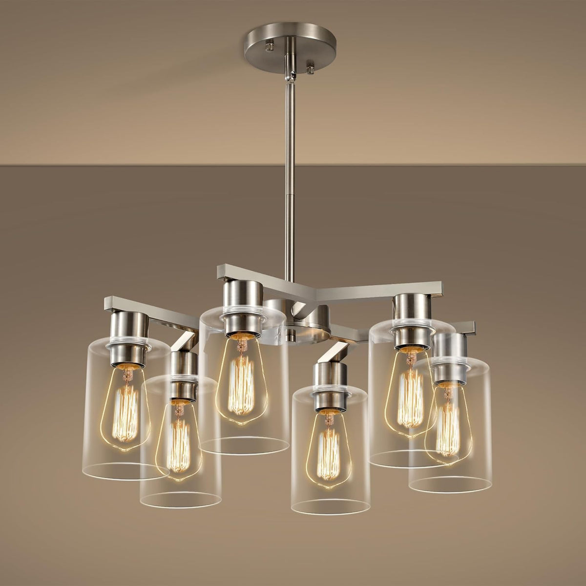 6-Light Modern Farmhouse Brushed Nickel Chandelier, Dining Room Light Fixture Over Table Adjustable Height Hanging Industrial Pendant Lights Kitchen Island, Clear Glass Shade