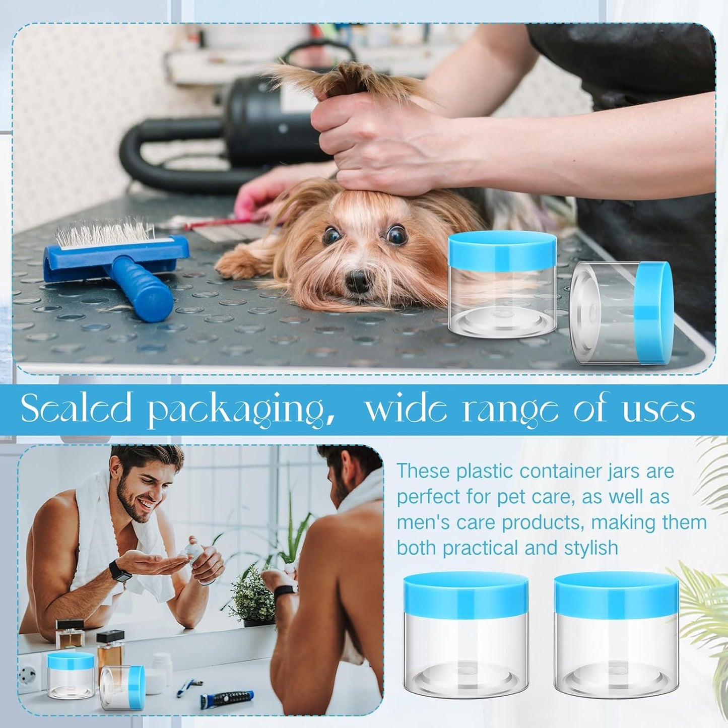 SATINIOR 24 Pieces Empty Clear Plastic Jars with Lids Round Storage Containers Wide Mouth for Beauty Product Cosmetic Cream Lotion Liquid Butter Craft and Food(Blue Lid,2 oz)