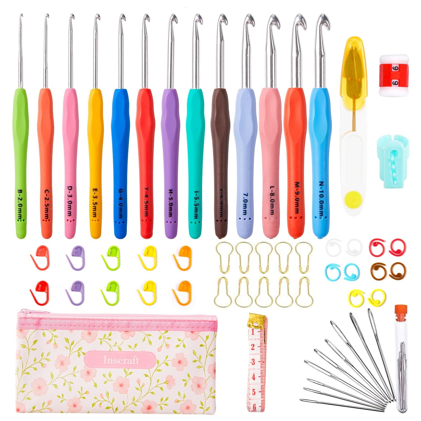 INSCRAFT 67 Pack Crochet Hooks Set, 13 PCS 2mm(B)-10mm(N) Ergonomic Soft Grip Crochet Handles Yarn Knitting Needles Kit with Case for Arthritic Hand, Crochet Starter Kit for Beginners and Lovers