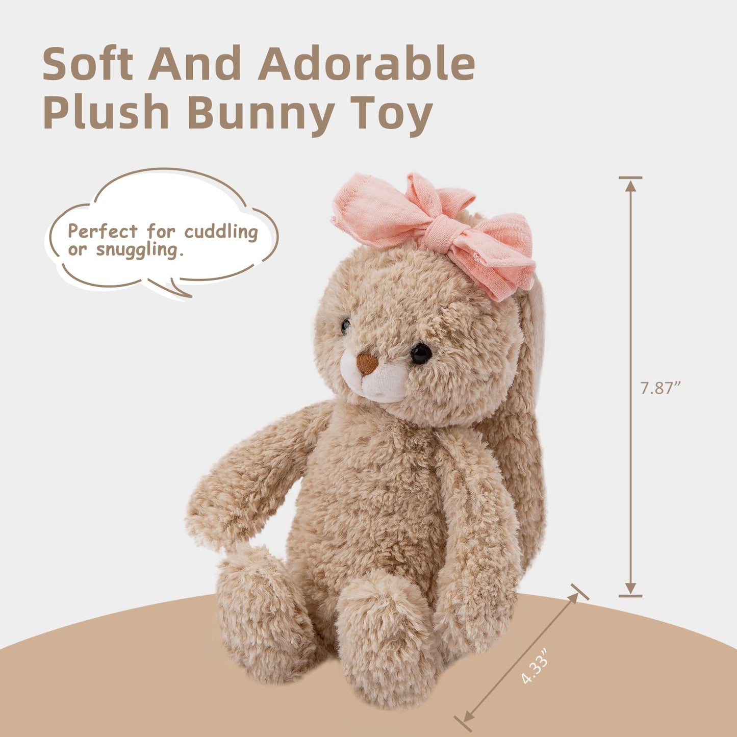 CUDDLE CORNER Bunny Stuffed Animal Soft Rabbit Cuddly Toy 8'' Long - Eared Brown Plush Bunny with Pink Bow Plush Toys for Babies and Toddlers