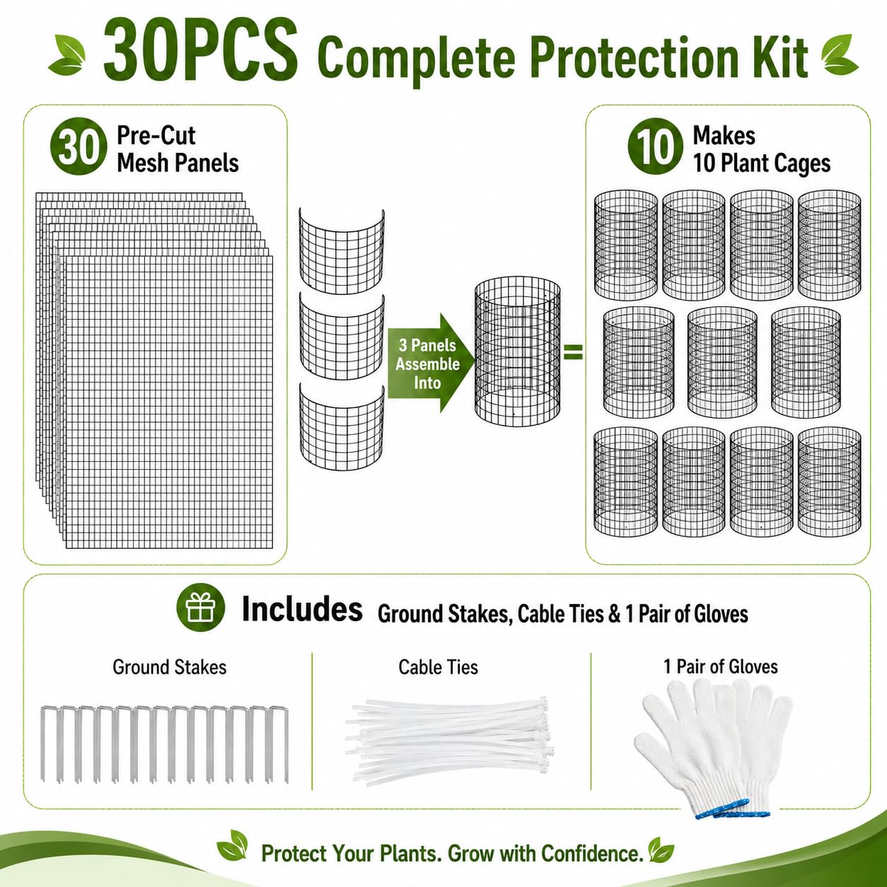 30Pcs Plant Protector from Animals, 10 Pack Metal Wire Plant Cages for Garden, 13" H x 16" D Plant Protection Cage with Ground Stakes for Tomatoes, Vegetables, Flowers Rabbit & Squirrel Barrier